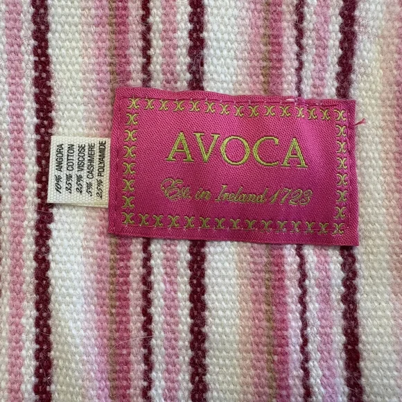 AVOCA Ireland Scarf Hand Woven Striped Fringe Pink White Cashmere Angora Blend - Picture 3 of 3